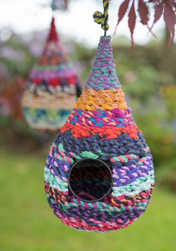 Eco friendly bird house made from recycled sari's and metal